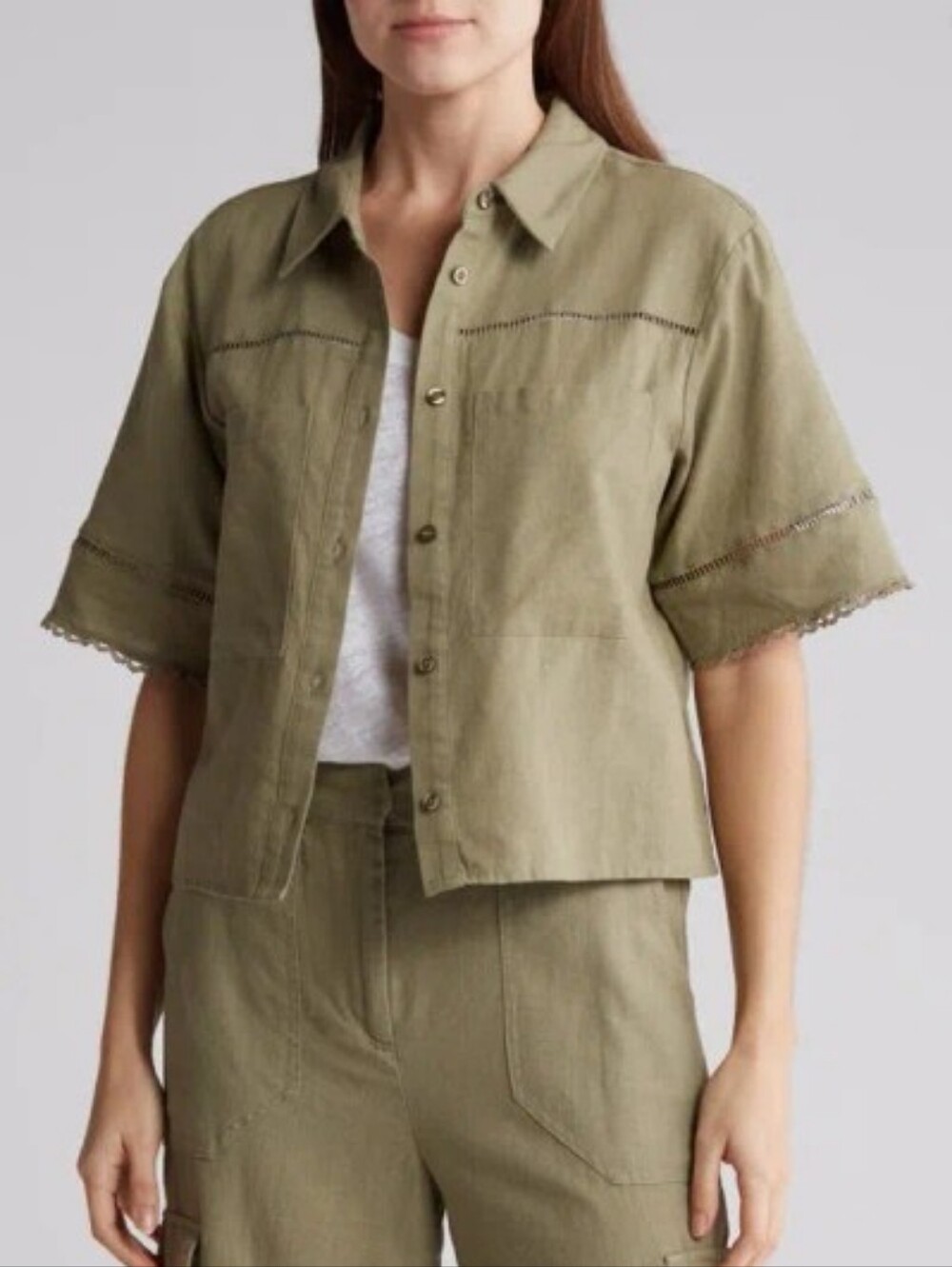Ellen Tracy Linen Blend Button-up Camp Shirt in Celery L